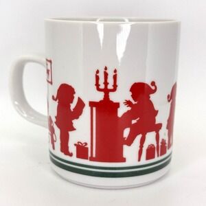VTG Avon 1984 Christmas Mug Red Silhouette Santa Sleigh Elves Cat Holiday Coffee